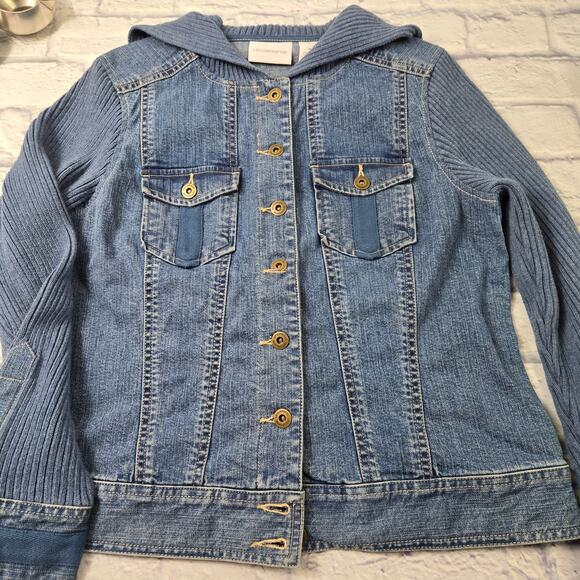 Liz Claiborne Denim Jean Jacket Knit Sleeves Shawl Collar Pocket Cuff Trim sz 14 - Picture 10 of 16